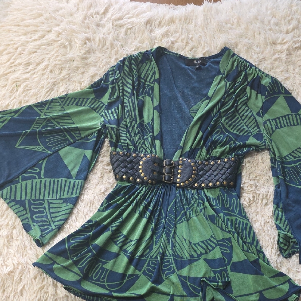 Sky Green and Blue Patterned Top